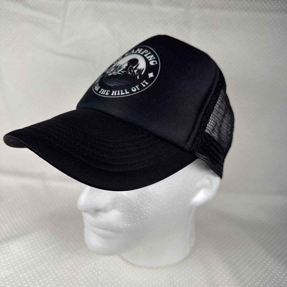 GO CAMPING Men's One-Size Adjustable Black Mesh Trucker's Hat JUST FOR THE HILL